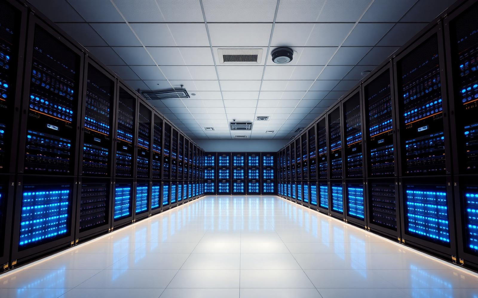 Modern data center with illuminated server racks